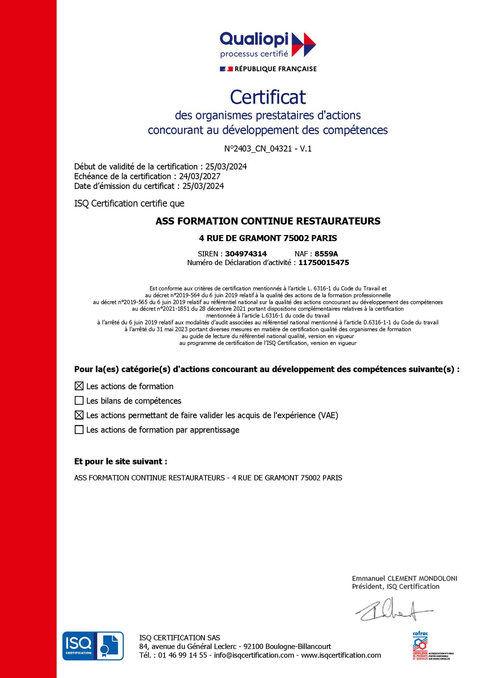 Certificat Qualiopi actions formation VAE